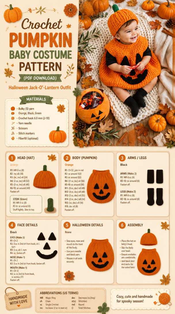 Crochet Pumpkin Baby Costume Pattern (PDF Download) – Halloween Jack-O'-Lantern Outfit