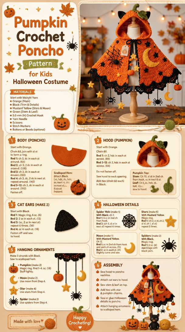 Pumpkin Crochet Poncho Pattern for Kids Halloween Costume