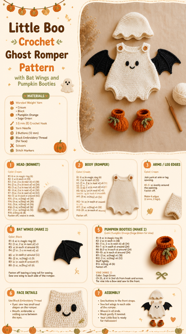 Little Boo Crochet Ghost Romper Pattern with Bat Wings and Pumpkin Booties
