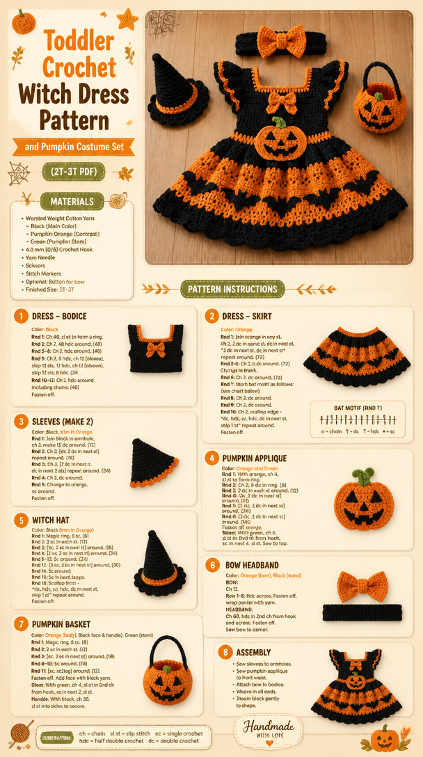 Toddler Crochet Witch Dress Pattern and Pumpkin Costume Set (2T-3T PDF)