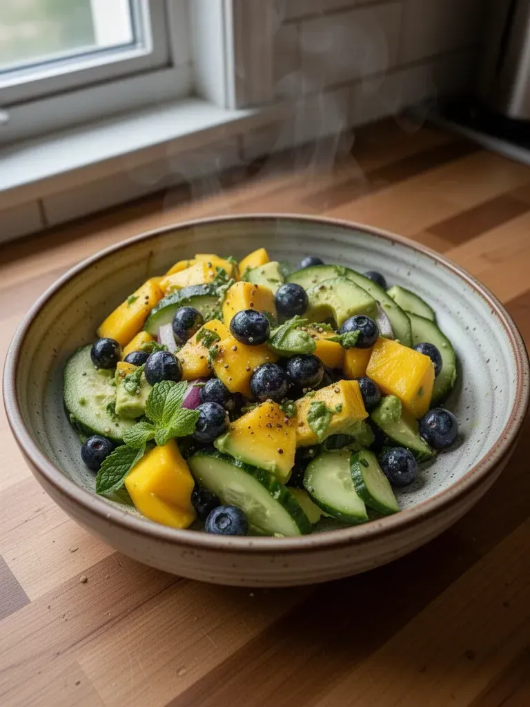 Refreshing Mango Cucumber Salad Featuring Blueberries and Creamy Avocado