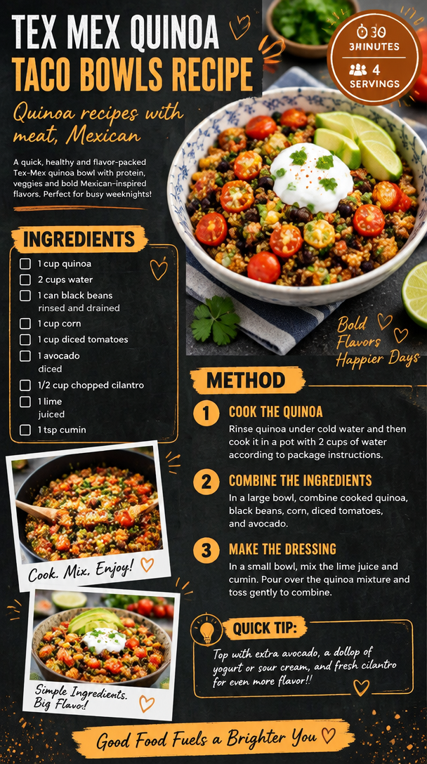 Tex Mex Quinoa Taco Bowls Recipe | Quinoa recipes with meat, Mexican quinoa bowl recipes, Healthy Mexican quinoa bowl