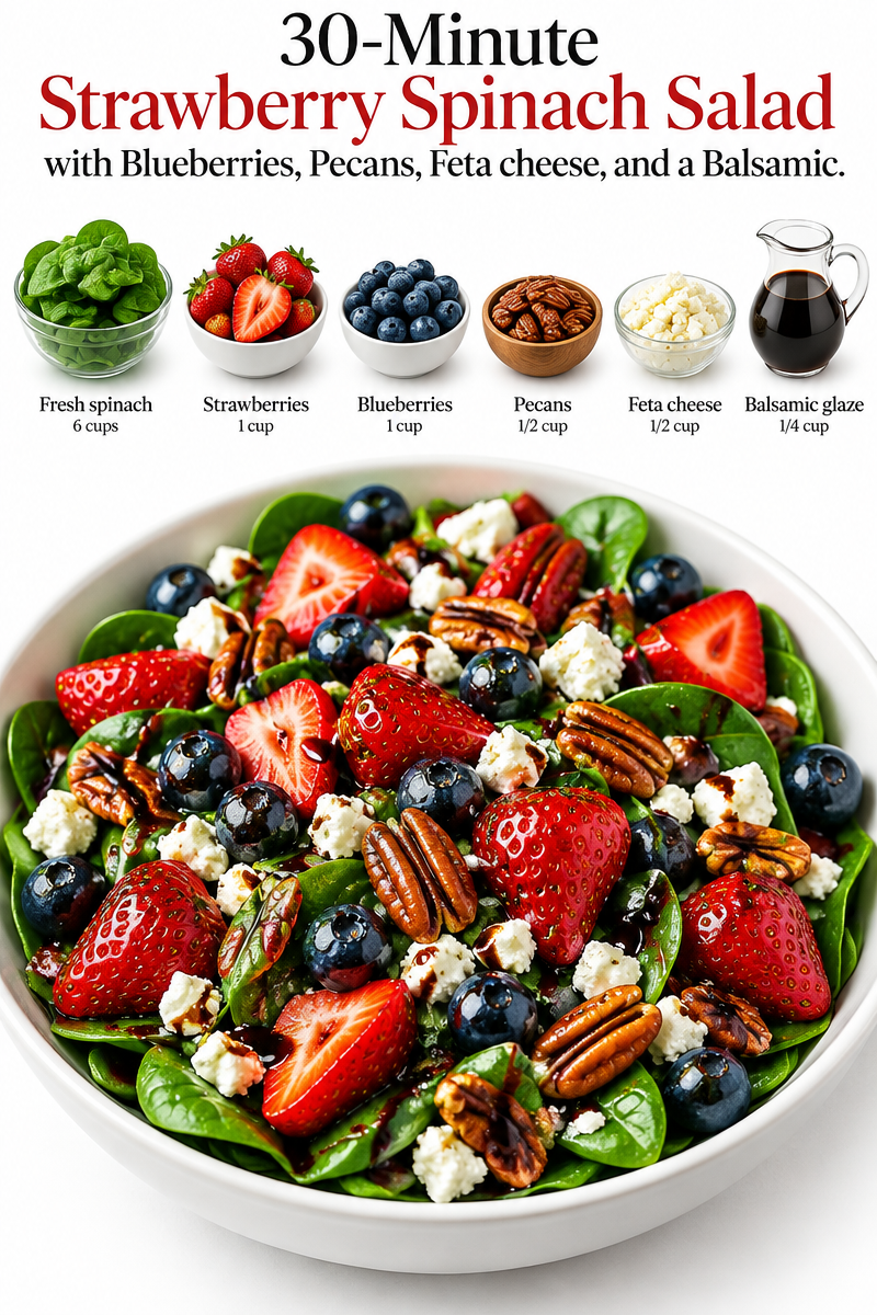 30-Minute Strawberry Spinach Salad with Blueberries, Pecans, Feta Cheese, and a Balsamic Glaze.