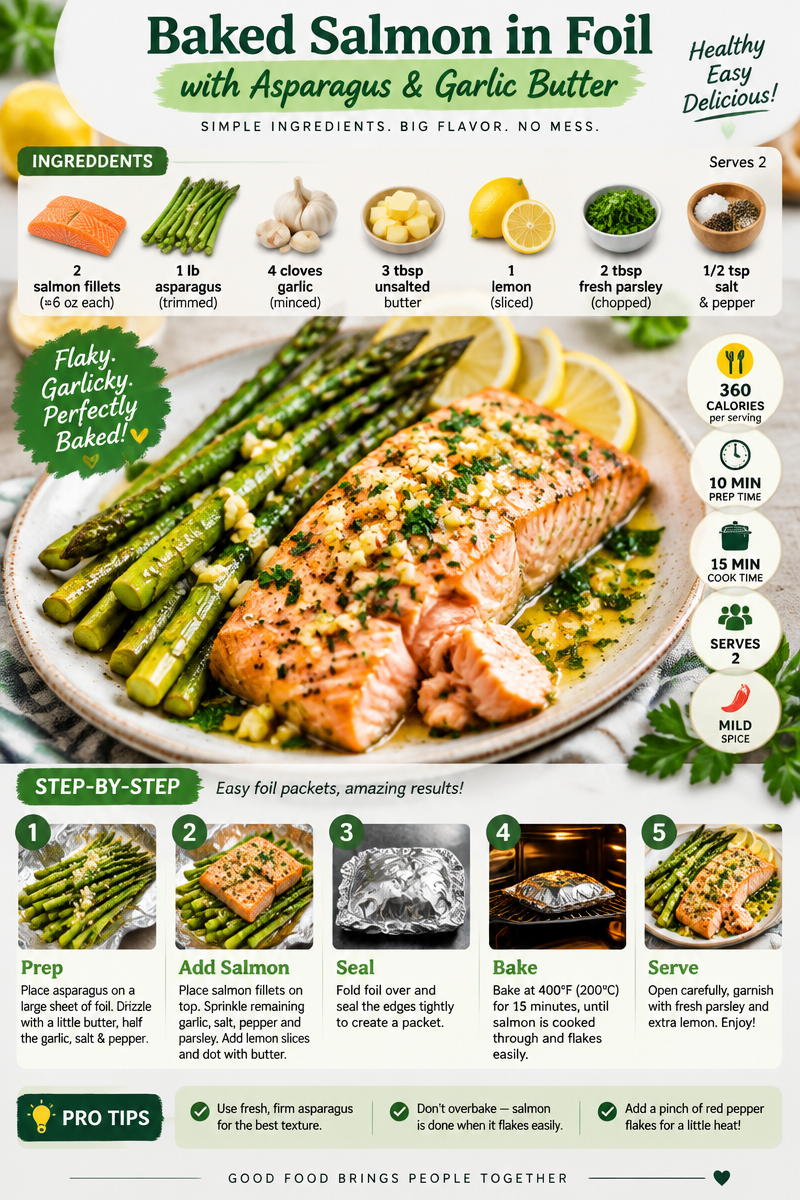 Baked Salmon in Foil with Asparagus & Garlic Butter