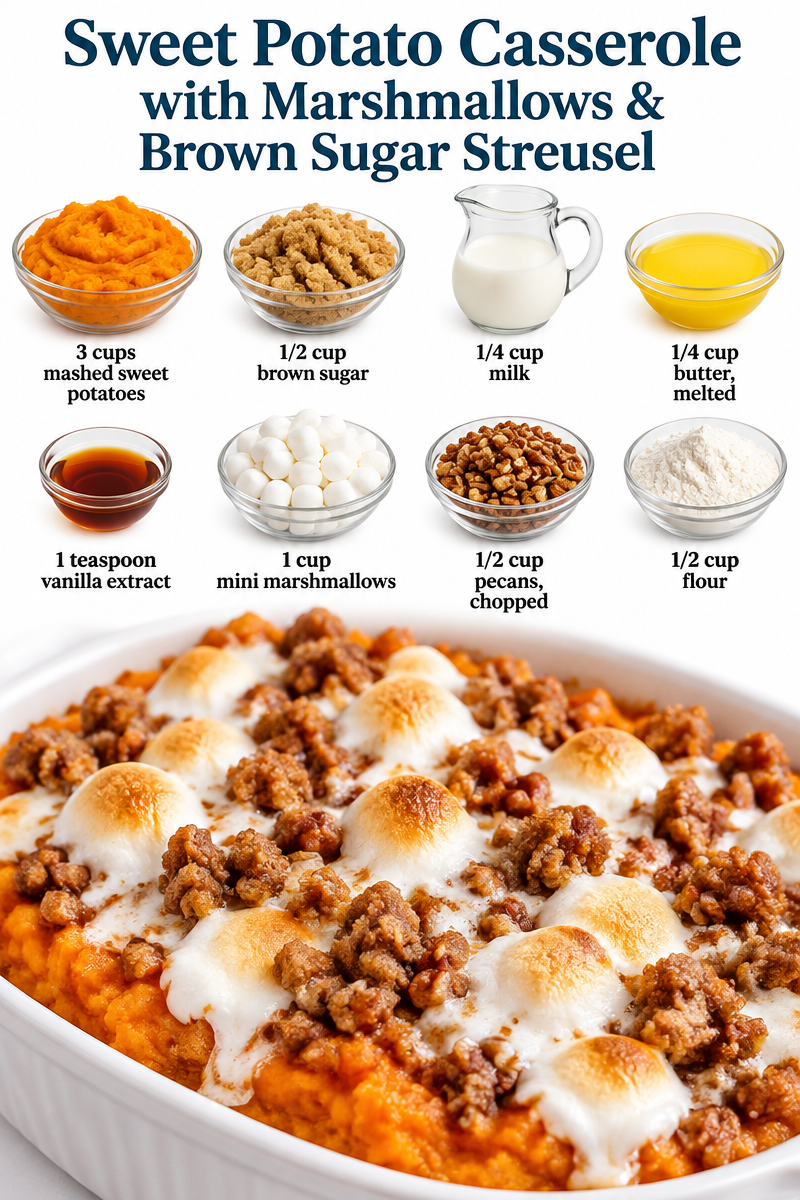 Sweet Potato Casserole with Marshmallows & Brown Sugar Streusel