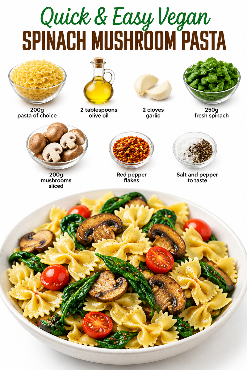 Quick & Easy Vegan Spinach Mushroom Pasta
