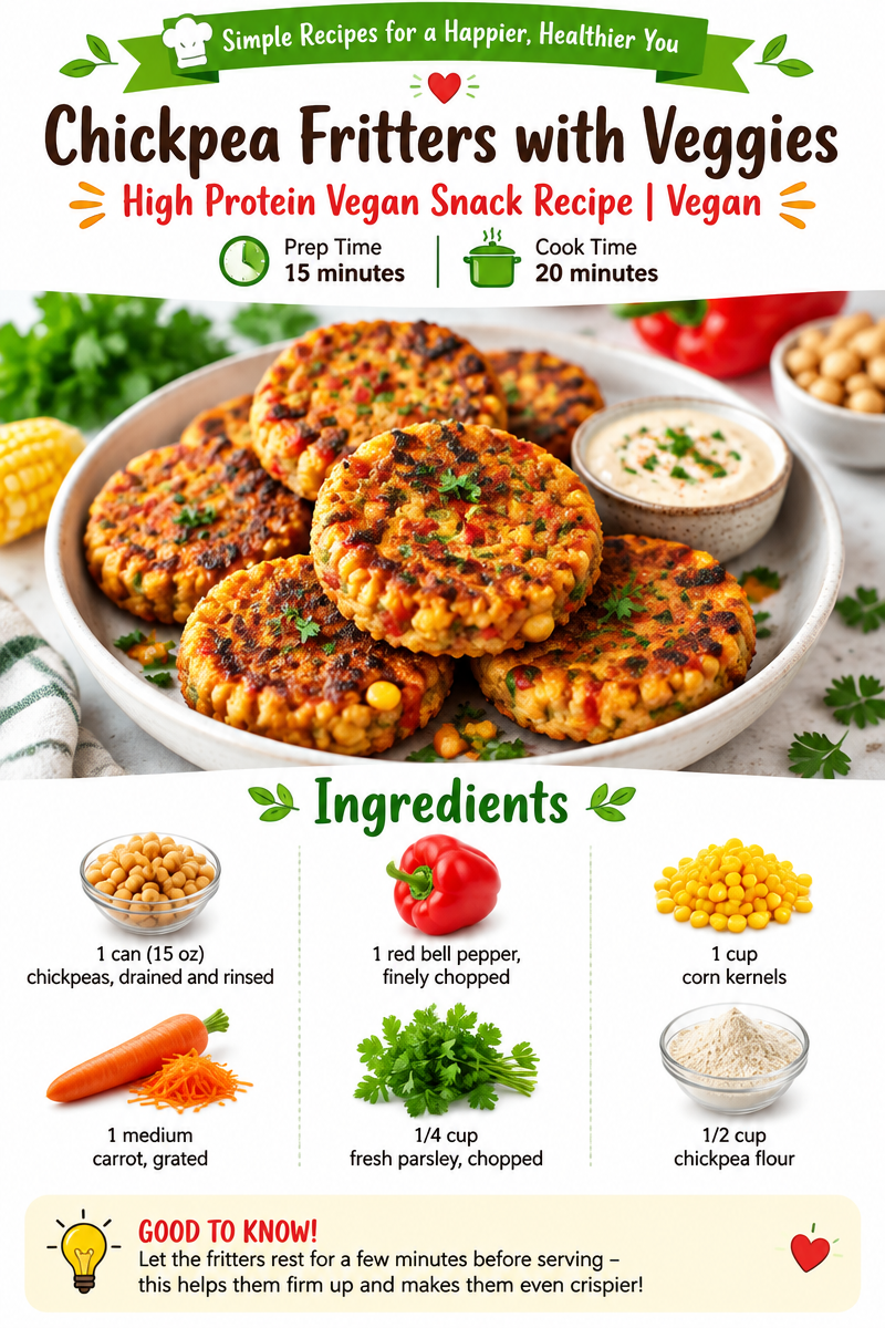 Chickpea Fritters with Veggies - High Protein Vegan Snack Recipe | Vegan Chickpea Veggie Patties, Chickpea Corn Patties, Vegan Fritters