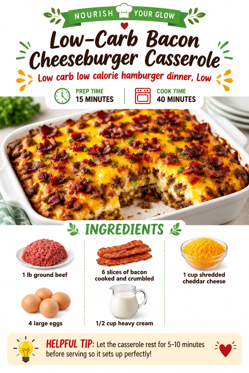Low-Carb Bacon Cheeseburger Casserole | Low Carb, Low Calorie Hamburger Dinner, Low Carb Dinner with Hamburger, Easy Low Fat Dinner Meals