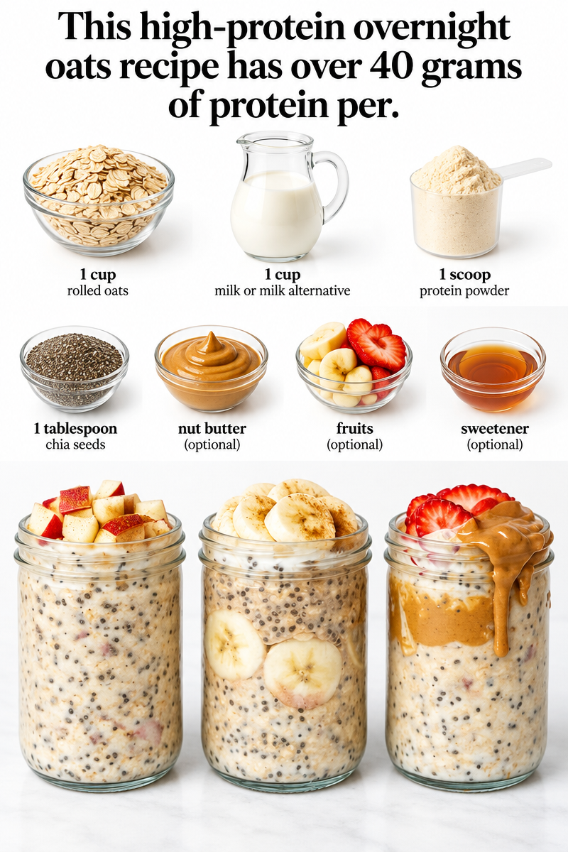 This high-protein overnight oats recipe has over 40 grams of protein per serving! Use any protein powder and choose from&hellip; | Overnight oats with protein shake, Easy high protein overnight oats, 130 grams of protein meal plan