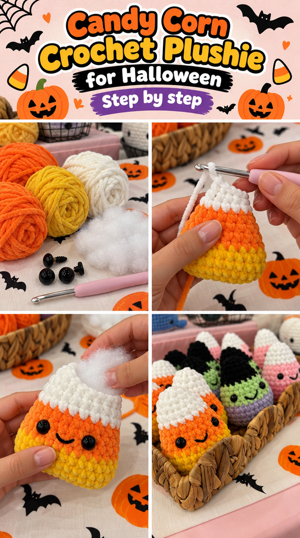Candy Corn Crochet Plushie for Halloween 5 Candy Corn Crochet Plushie | Fuzzy Handmade Halloween Themed Stuffed Toy