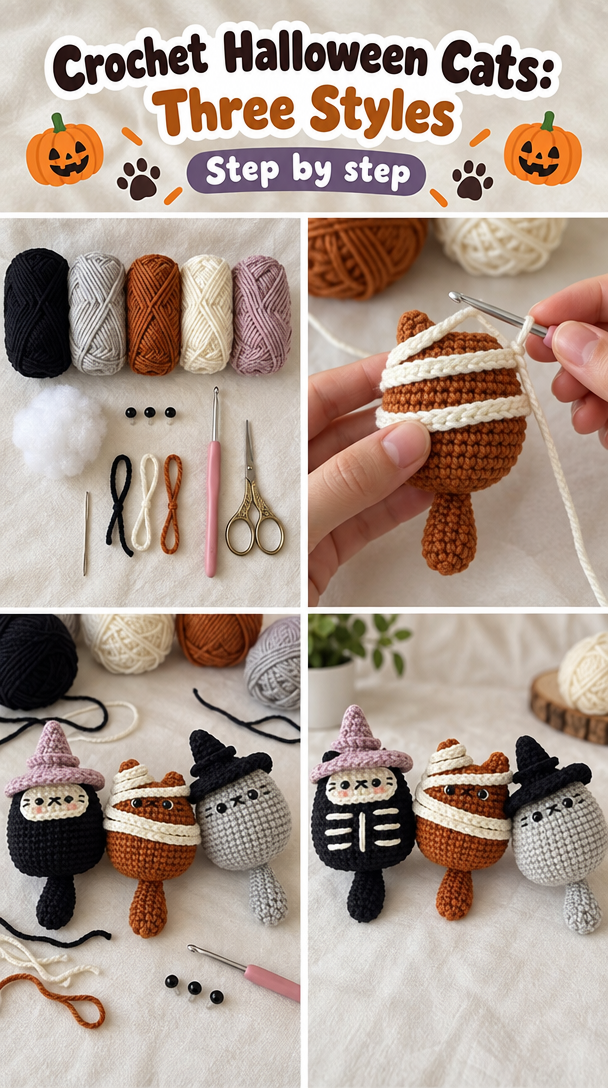 Crochet Halloween Cats: Three Styles 5 🎃How To Crochet Halloween Cats | *Low-Sew & Simple Tutorial | Three different styles of cats✨ | Totoro crochet, Mode crochet, Pola amigurumi