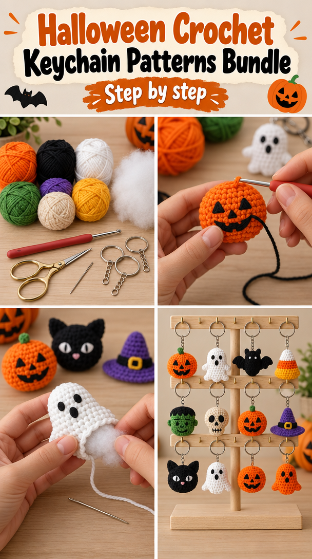 Halloween Crochet Keychain Patterns Bundle 5 Halloween Crochet Keychain Patterns Bundle, Amigurumi PDF, Ghost Pumpkin Bat (Beginner Crochet)