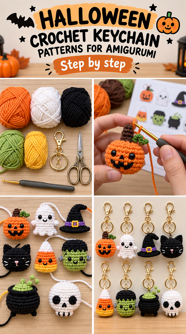 Halloween Crochet Keychain Patterns for Amigurumi 5 Halloween Crochet Keychain Pattern, Mini Amigurumi Charm Pattern, Pumpkin Ghost Witch Cat Skull Crochet, Halloween PDF Pattern