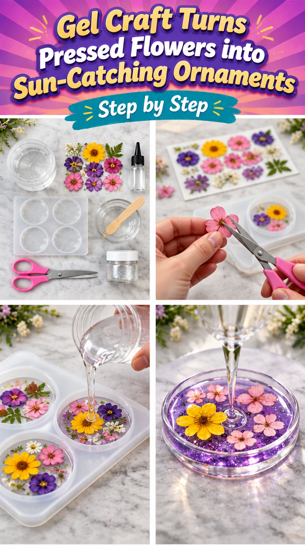 A simple gel craft turns pressed flowers into sun-catching ornaments.