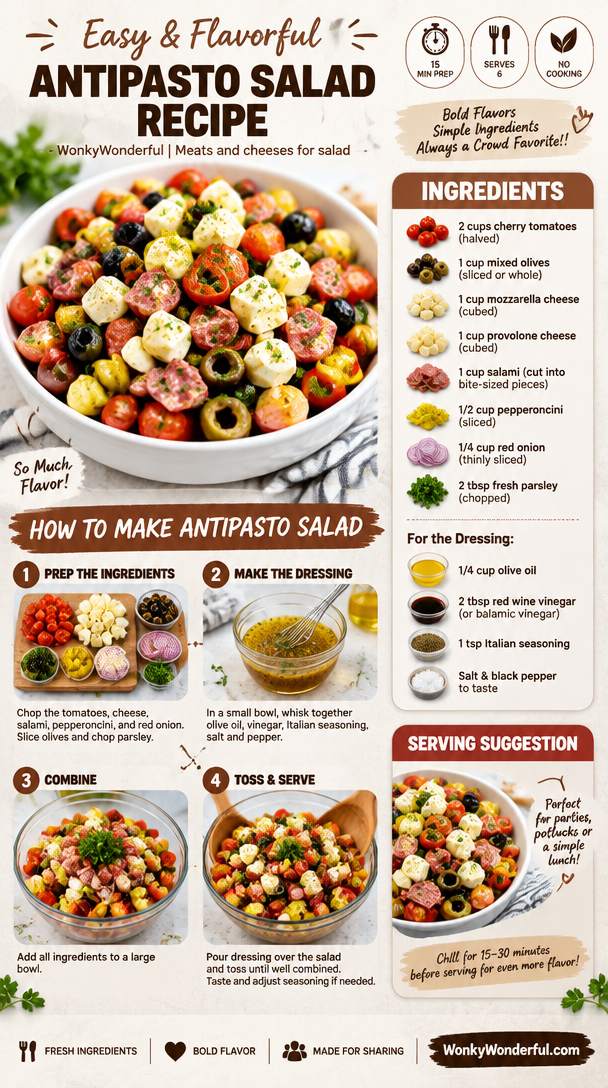 Antipasto Salad Recipe - WonkyWonderful | Meats and cheeses for salad, Meat cheese and veggie recipes, Tri-color antipasto salad