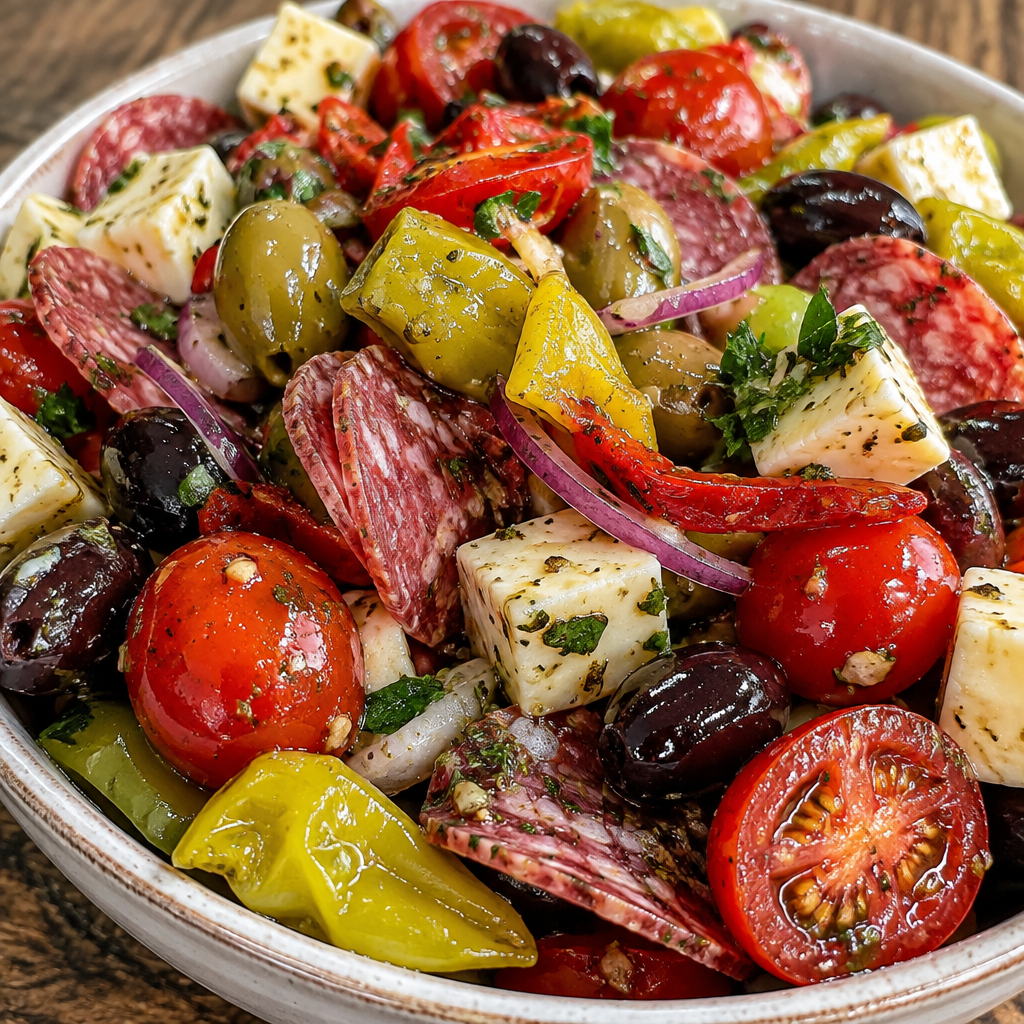 Antipasto Salad Recipe - WonkyWonderful | Meats and cheeses for salad, Meat cheese and veggie recipes, Tri-color antipasto salad