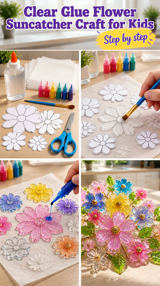 Clear Glue Flower Suncatcher Craft: Spring Projects for Kids