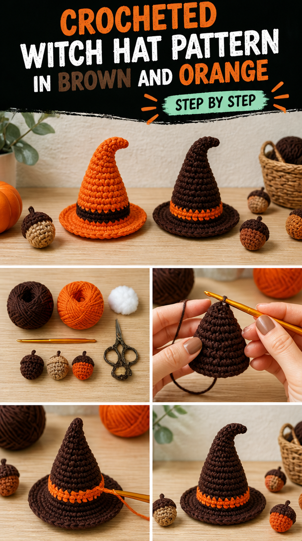 crocheted witch hat pattern with brown and orange colors