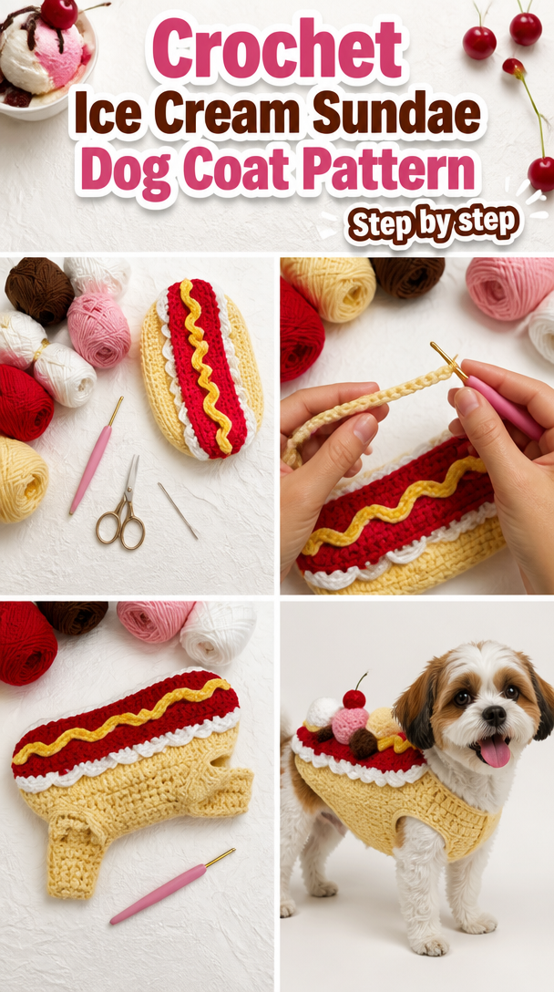 Crochet Ice Cream Sundae Dog Coat with Bernat Super Value Yarn | Banana split costume pet, Banana split dog coat, Crochet dog coat pattern