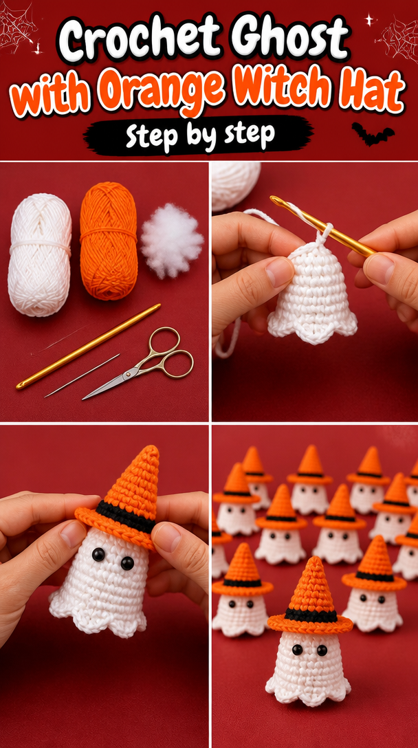 Crochet Ghost with Orange Witch Hat 5 Crochet Ghost With Orange Witch Hat | Color: Orange/White | Size: 3.5 X 25