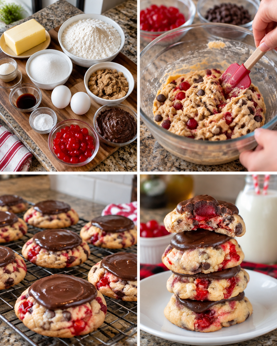 Chocolate Covered Cherry Cookies! 🍒 The soft & puffy cookies have a hidden cherry center topped with a layer of chocolate frosting. 

💕 Comment CHERRY below to have this recipe sent to you.