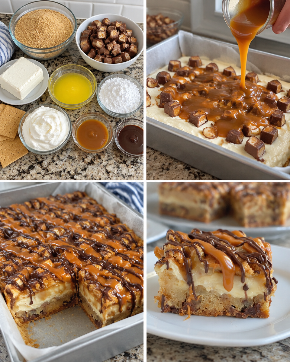 Caramel Milky Way Cheesecake Bars! 🧡 Loaded with candy bars and topped with caramel and chocolate.

💕 Comment CARAMEL below to have this recipe sent to you.