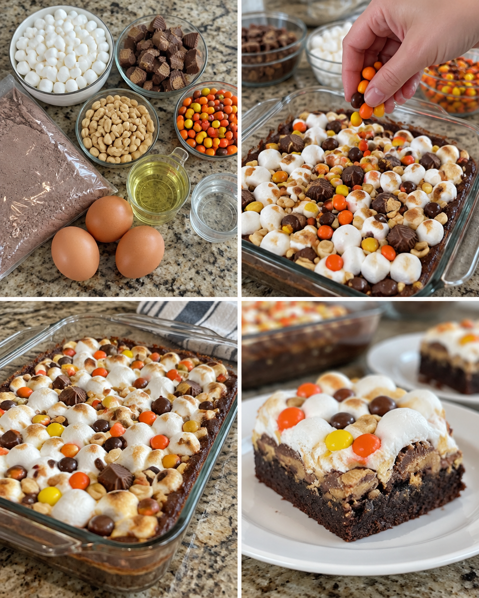 Reese's Rocky Road Brownies! 🧡 Fudge brownies topped with peanut butter cups, peanuts, marshmallows, & Reese's Pieces.

💕 Comment BROWNIES below to have this recipe sent to you.