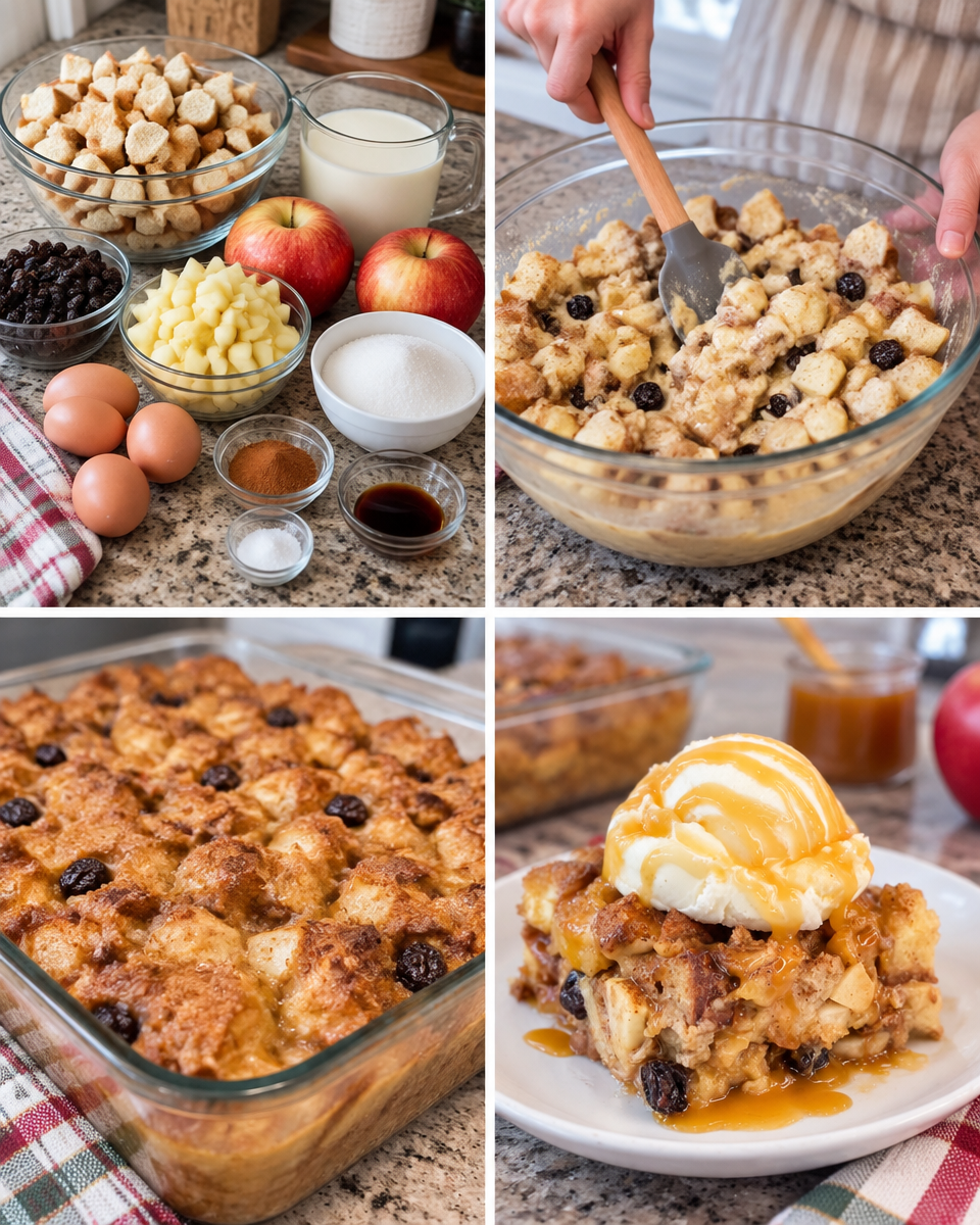 Apple Bread Pudding! 🍎 Soft bread, apple chunks, & raisins baked with a sweet custard!

💕 Comment APPLE below to have the recipe sent to you.