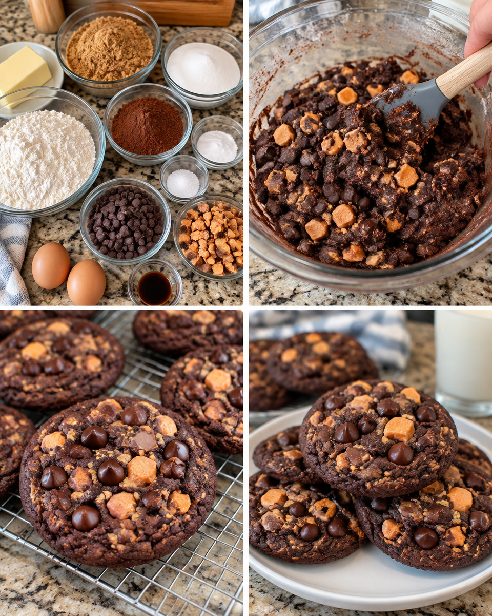 Chocolate Butterfinger Cookies! 🧡 Dark chocolate cookies loaded with chocolate chips & candy bar chunks!

💕 Comment COOKIES below to have this recipe sent to you!