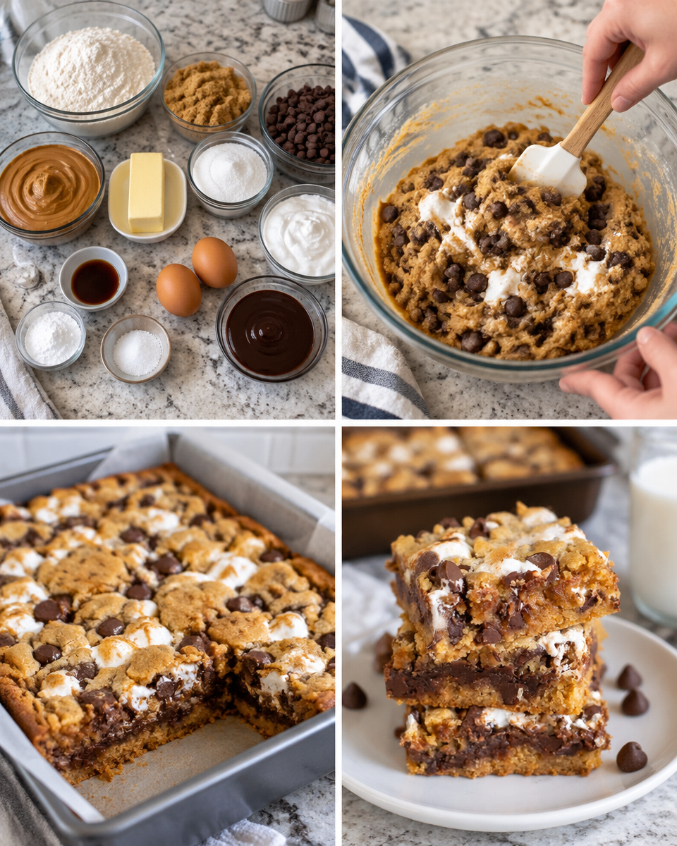 Peanut Butter S'mores Blondies! 🤎 These sweet peanut butter bars have swirls of marshmallow cream & a fudge topping, plus chocolate chips.

💕 Comment BLONDIES below to have this recipe sent to you.