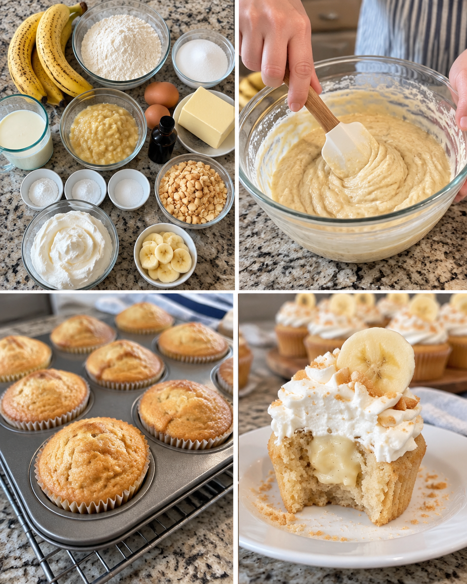 Banana Pudding Cupcakes! 💛 Frosted with whipped cream and topped with crushed vanilla wafers & banana slices.

💕 Comment CUPCAKES below to have this recipe sent to you.