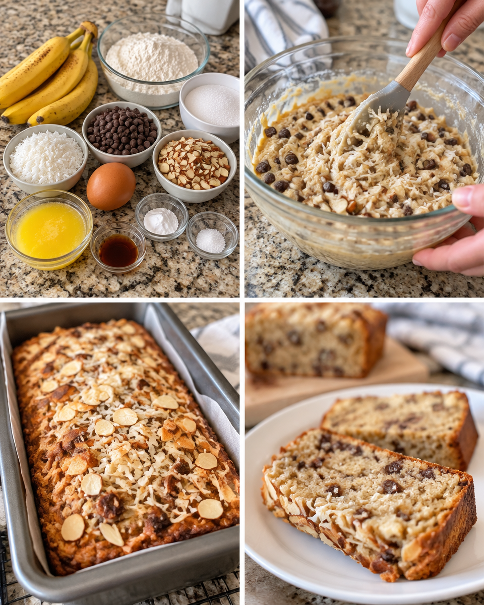 Almond Joy Banana Bread! 💙 This easy, quick bread is loaded with lots of chocolate, almonds, and coconut.

💕 Comment BREAD below to have this recipe sent to you.