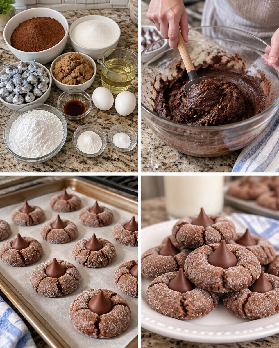 Chocolate Blossom Cookies! 🤎 Soft and fudgy, with a delicious, crunchy sugar coating & a Hershey's Kiss.

💕 Comment BLOSSOM below to have this recipe sent to you.