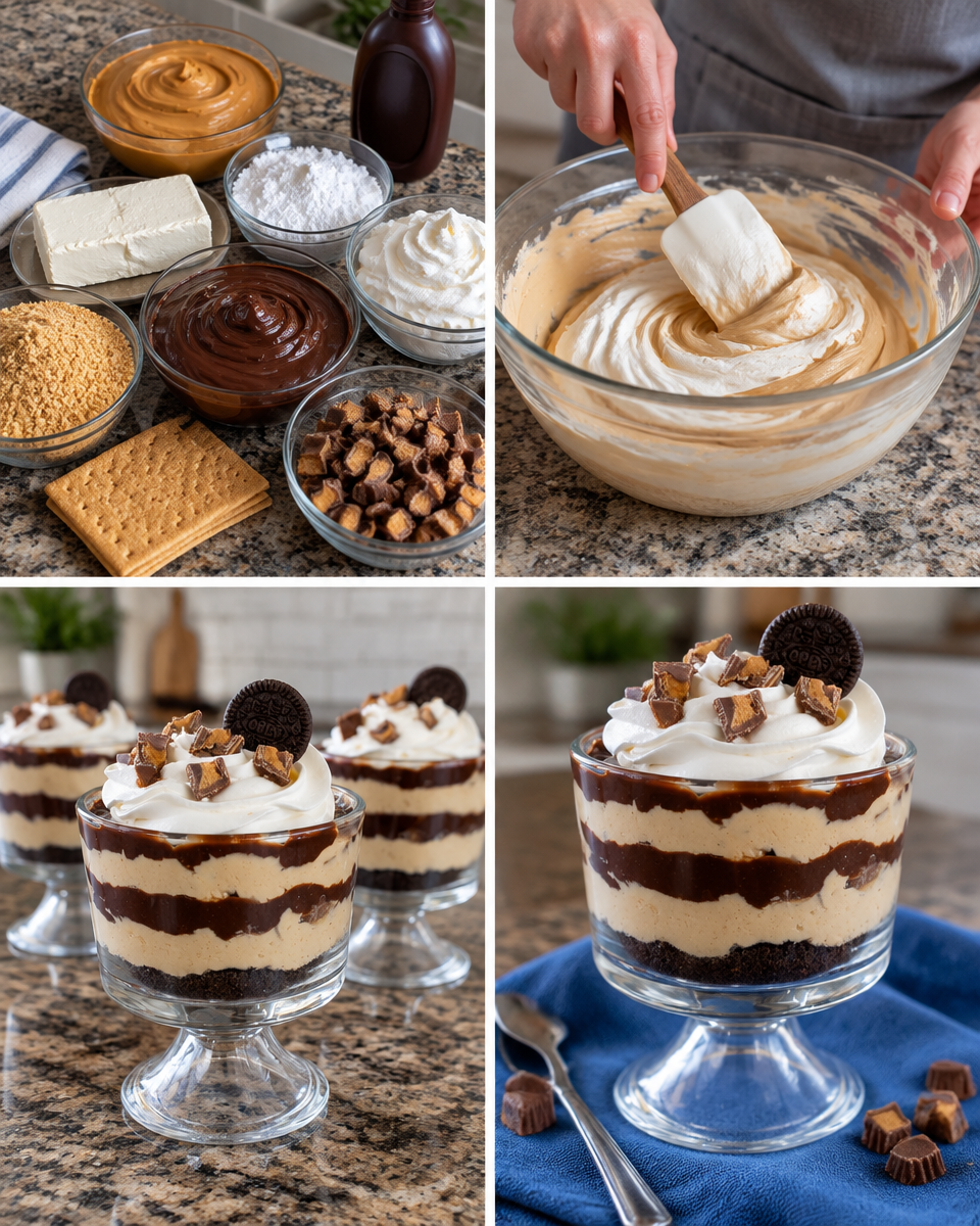 Peanut Butter Pie Parfaits! 💙 Layers of creamy chocolate, peanut butter, & Reese's candies make these disappear quickly!

💕 Comment PARFAIT below to have the recipe sent to you.