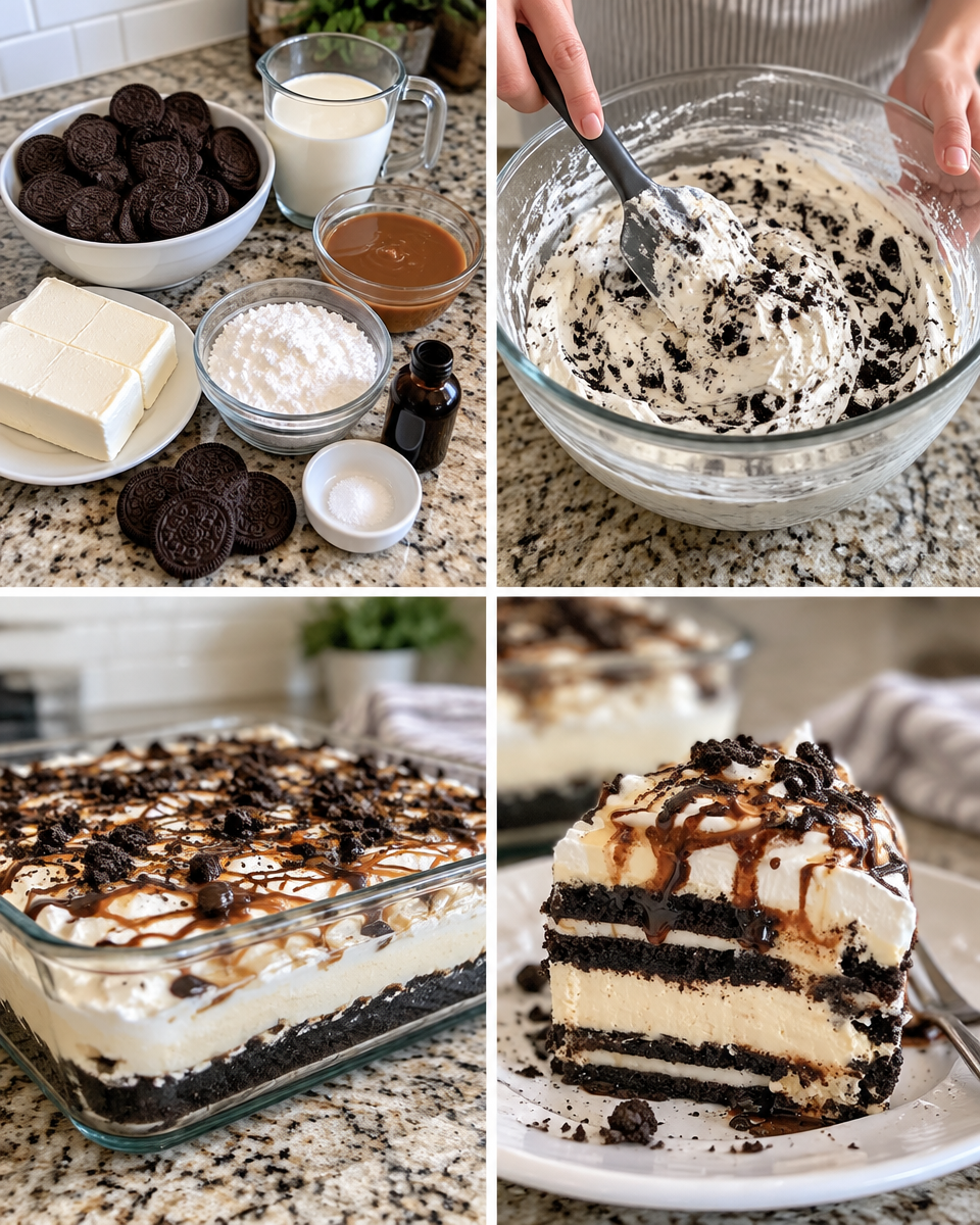 Salted Caramel Oreo Icebox Cake! 💛 Layers of Oreo cookies & creamy caramel no bake cheesecake!

💕 Comment ICEBOX below to have this recipe sent to you!