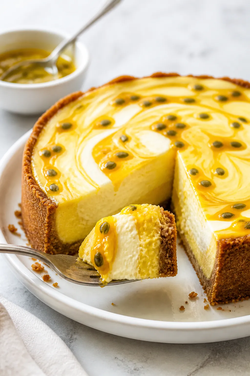 Passionfruit curd ripple cheesecake