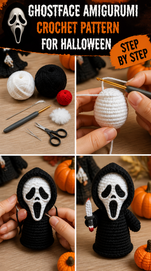 Create a spooky Amigurumi Ghostface Halloween figure with this crochet pattern, perfect for Halloween decor or as a gift… | Ghost face crochet pattern free, Ghostface crochet pattern free, Amigurumi halloween