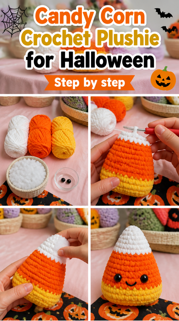 Candy Corn Crochet Plushie | Fuzzy Handmade Halloween Themed Stuffed Toy