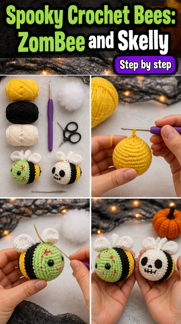 Spooky crochet bees, ZomBee, skelly bee