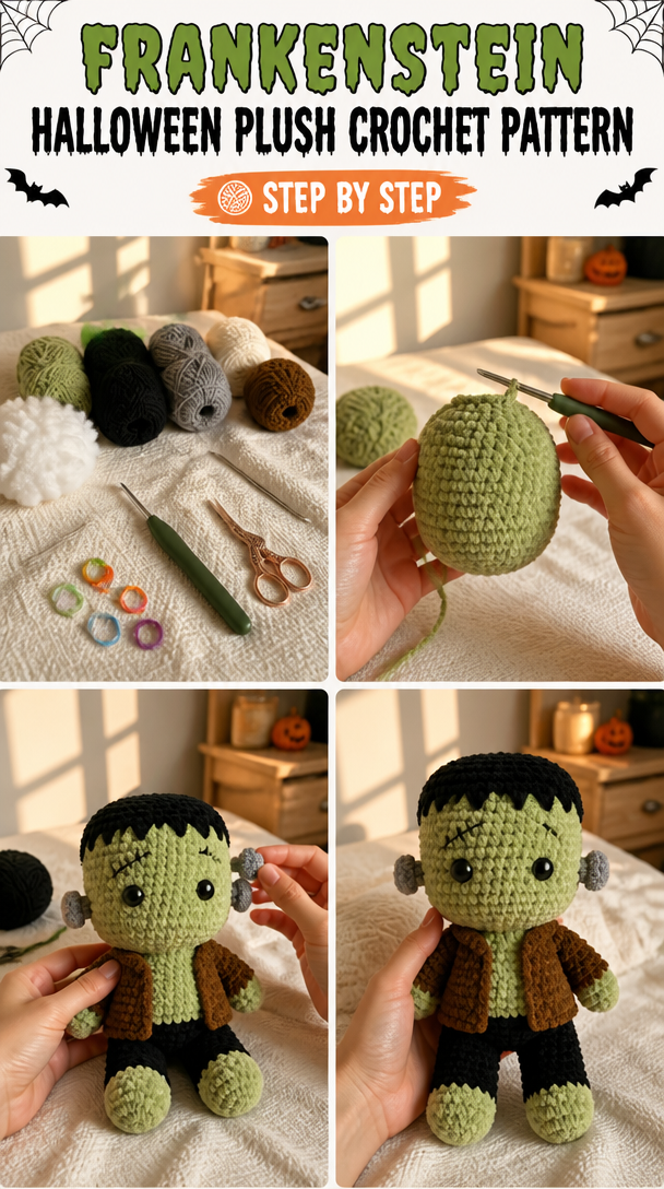 Frankenstein Halloween Plush Crochet Pattern - Spooky Halloween Character Crochet Pattern - Cute Amigurumi Frankenstein Pattern - Plushie