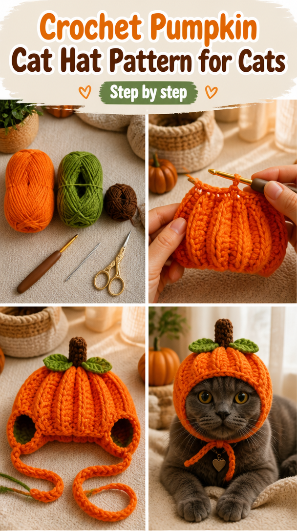 Crochet Pumpkin Cat Hat Pattern: Halloween/Thanksgiving Pet Costume for Cats (Digital PDF Download)