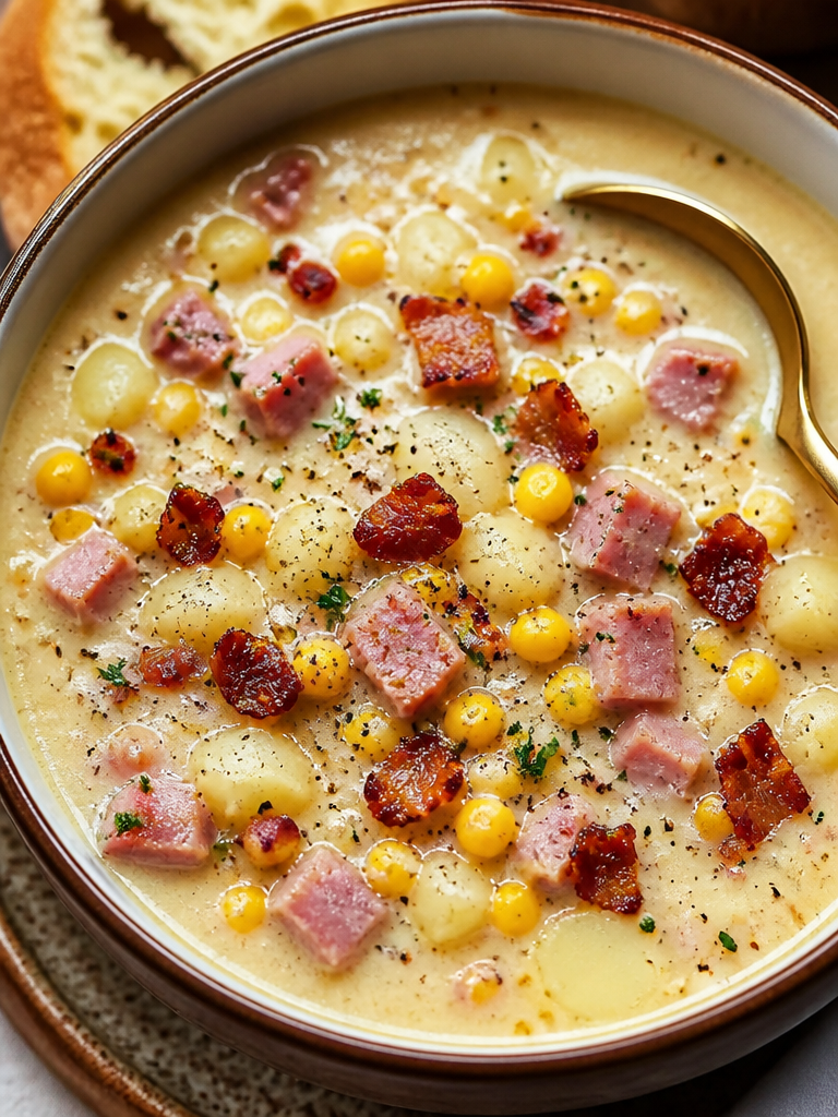 Sopa de maíz con jamón y papa