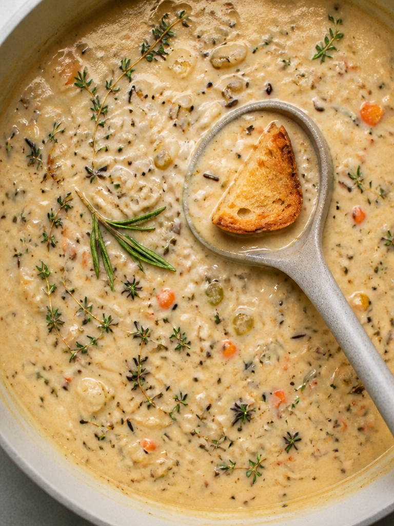 Sopa cremosa de pollo y arroz salvaje