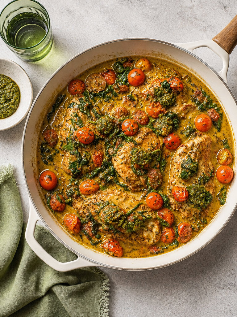 Pollo Pesto con Tomates Asados y Espinacas