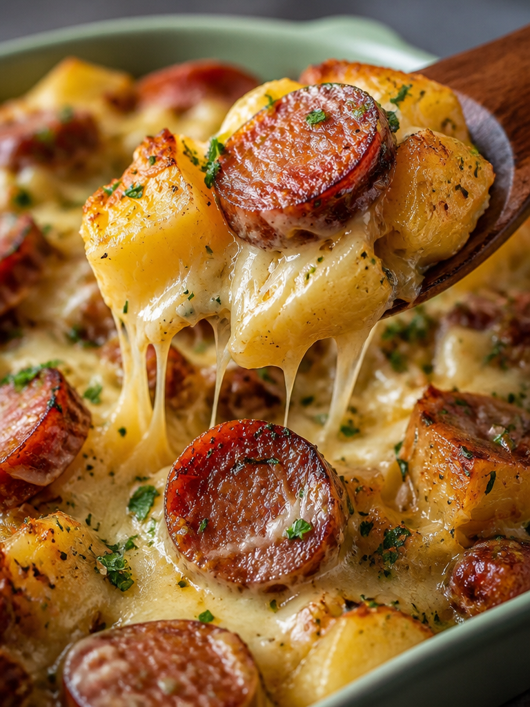 Cazuela de Patata con Queso y Salchicha Kielbasa