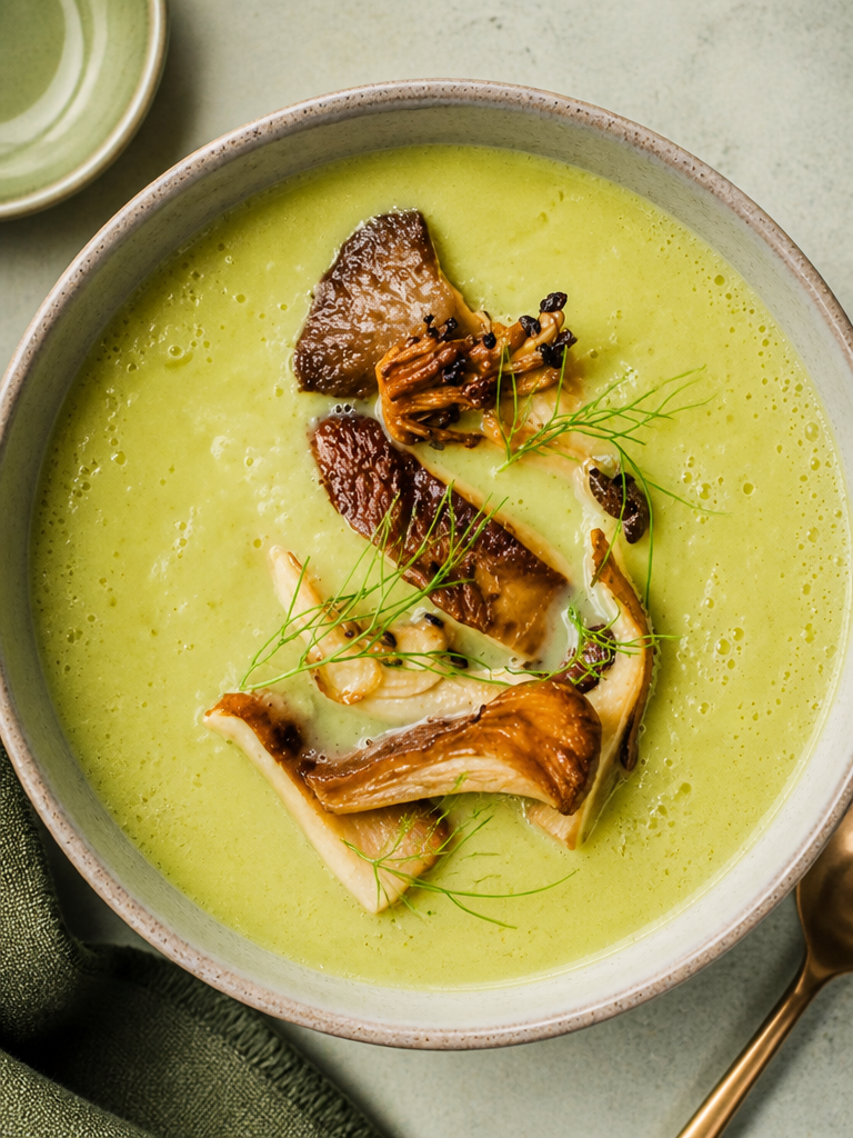 Sopa de hinojo y puerro con champiñones