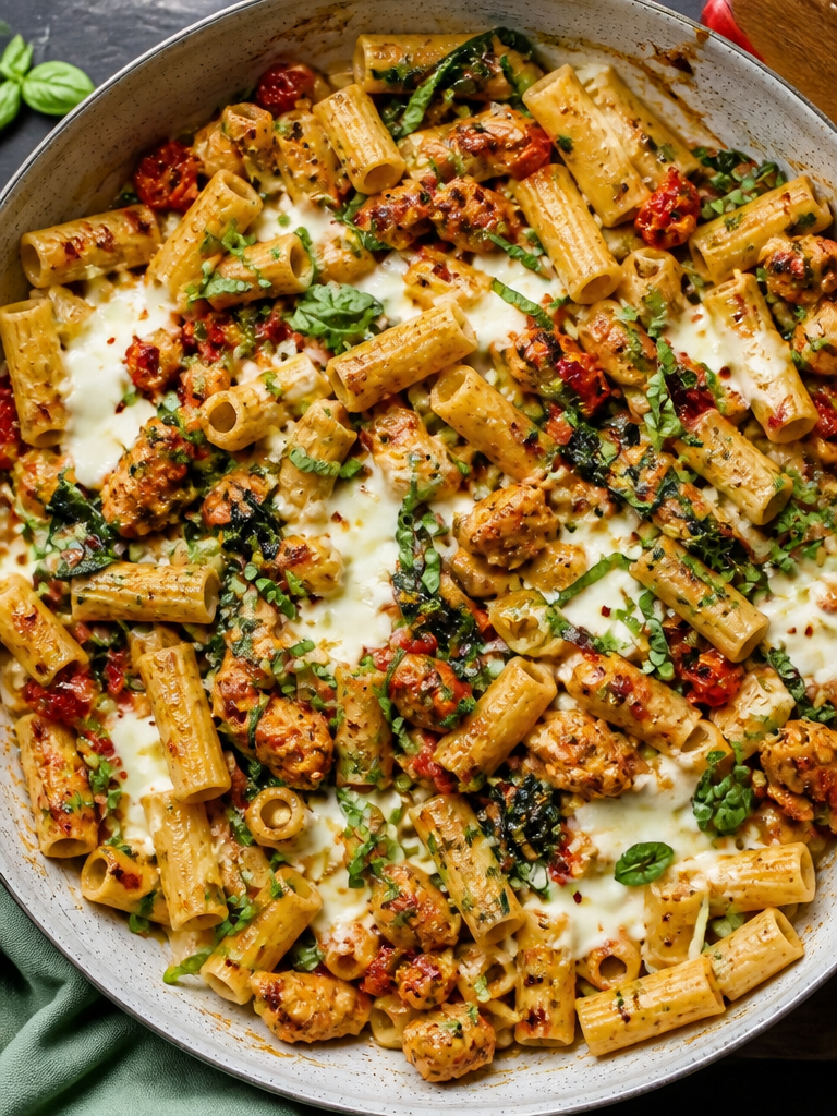 Pasta al horno con pollo al pesto