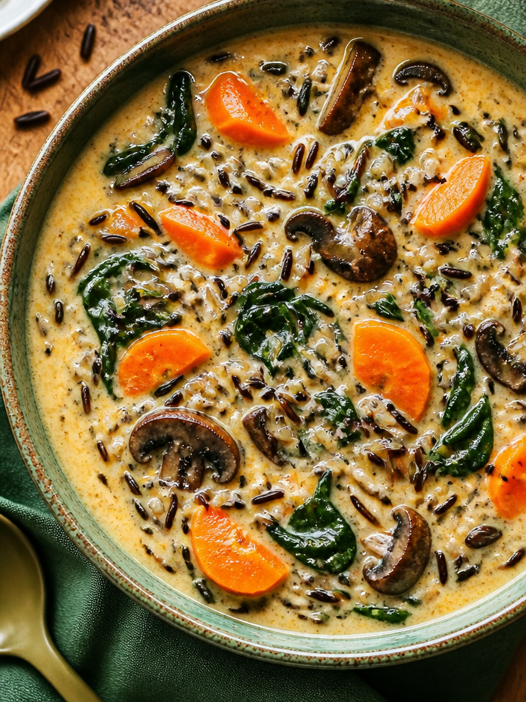Sopa de arroz salvaje otoñal acogedora