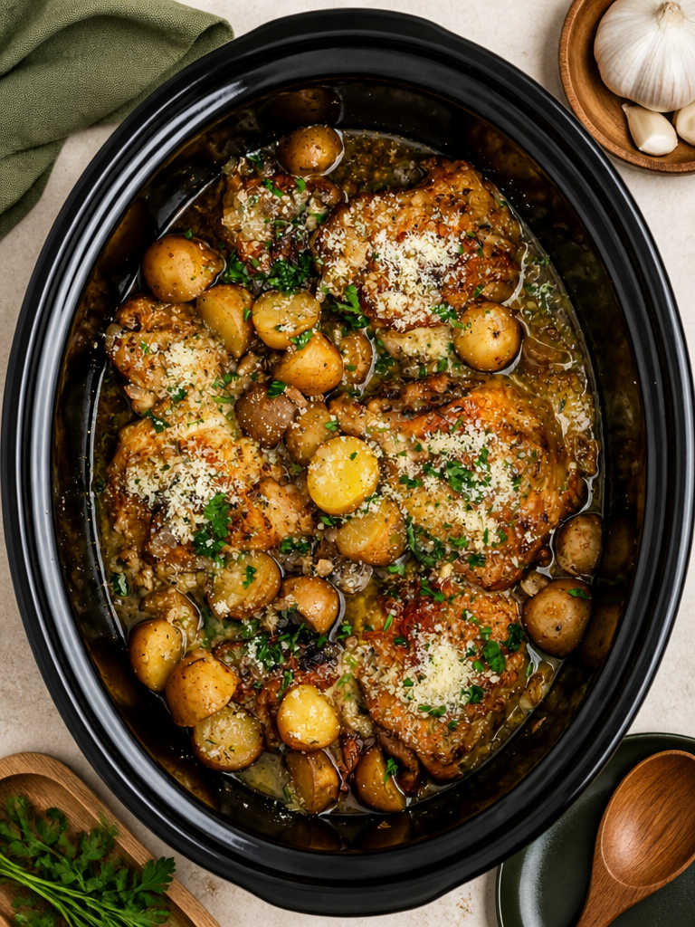 Cenas Fáciles de Muslos de Pollo al Ajo y Parmesano en Olla de Cocción Lenta