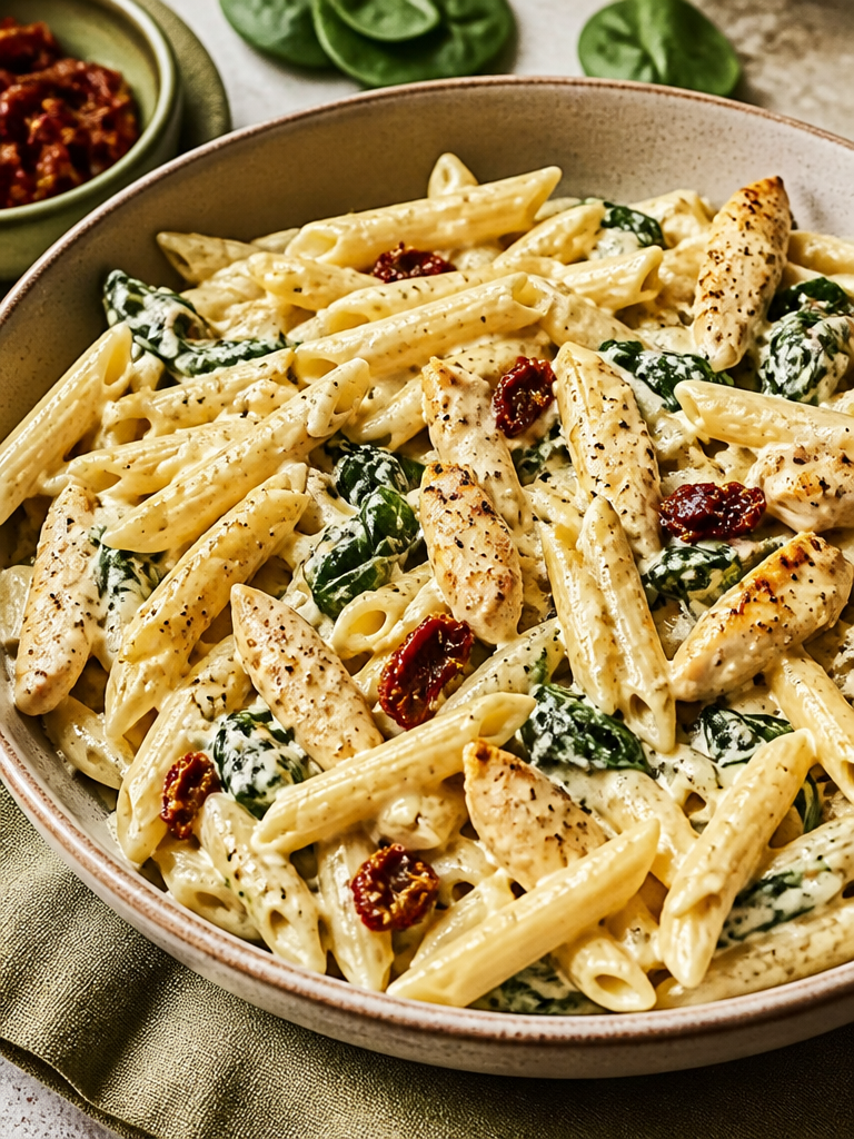 Pasta con Pollo en Pesto Cremoso de Albahaca